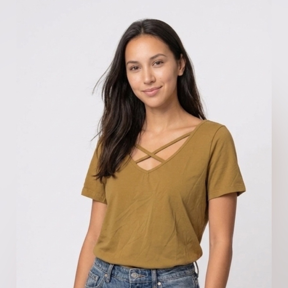 🆕 Kate Kasin Cross V Neck top Olive green size XL